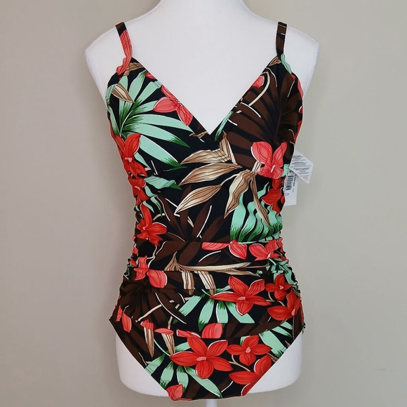 NWT Bikini Bay Shirred Side Flock One Piece Floral Swimsuit Size 14 - Picture 1 of 6